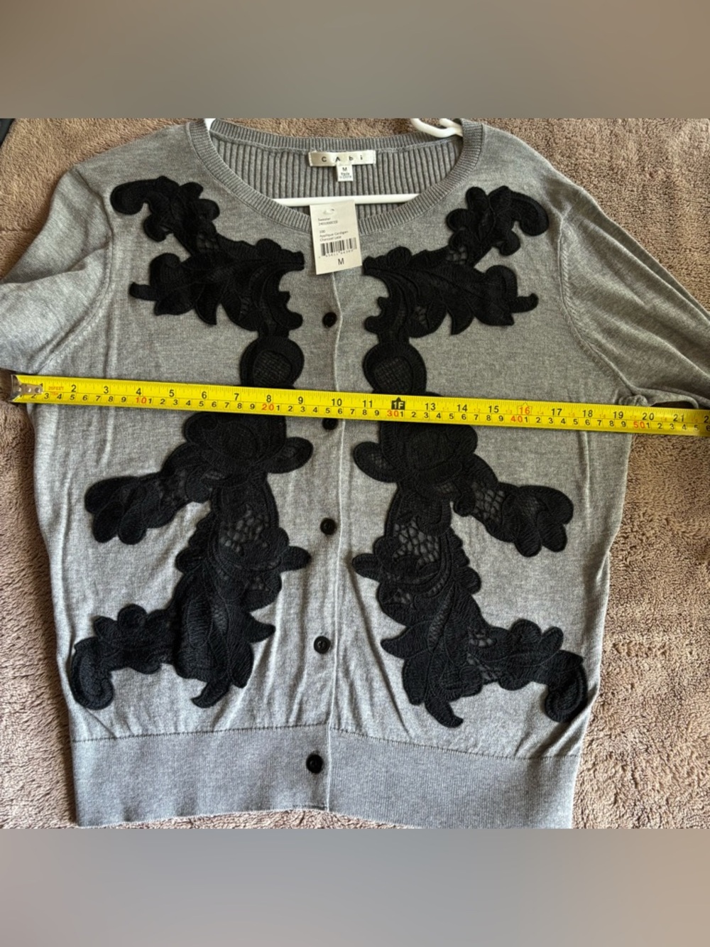 Cabi Applique Cardigan 100 Charcoal Lace Grey Black Floral Sweater  Size M - Picture 8 of 10
